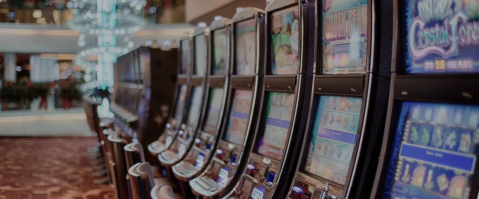 A curved row of slot machines lit up on a casino floor