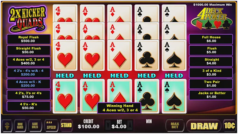 2x Kicker Quads 4 Deck Poker — Grand Vision Gaming